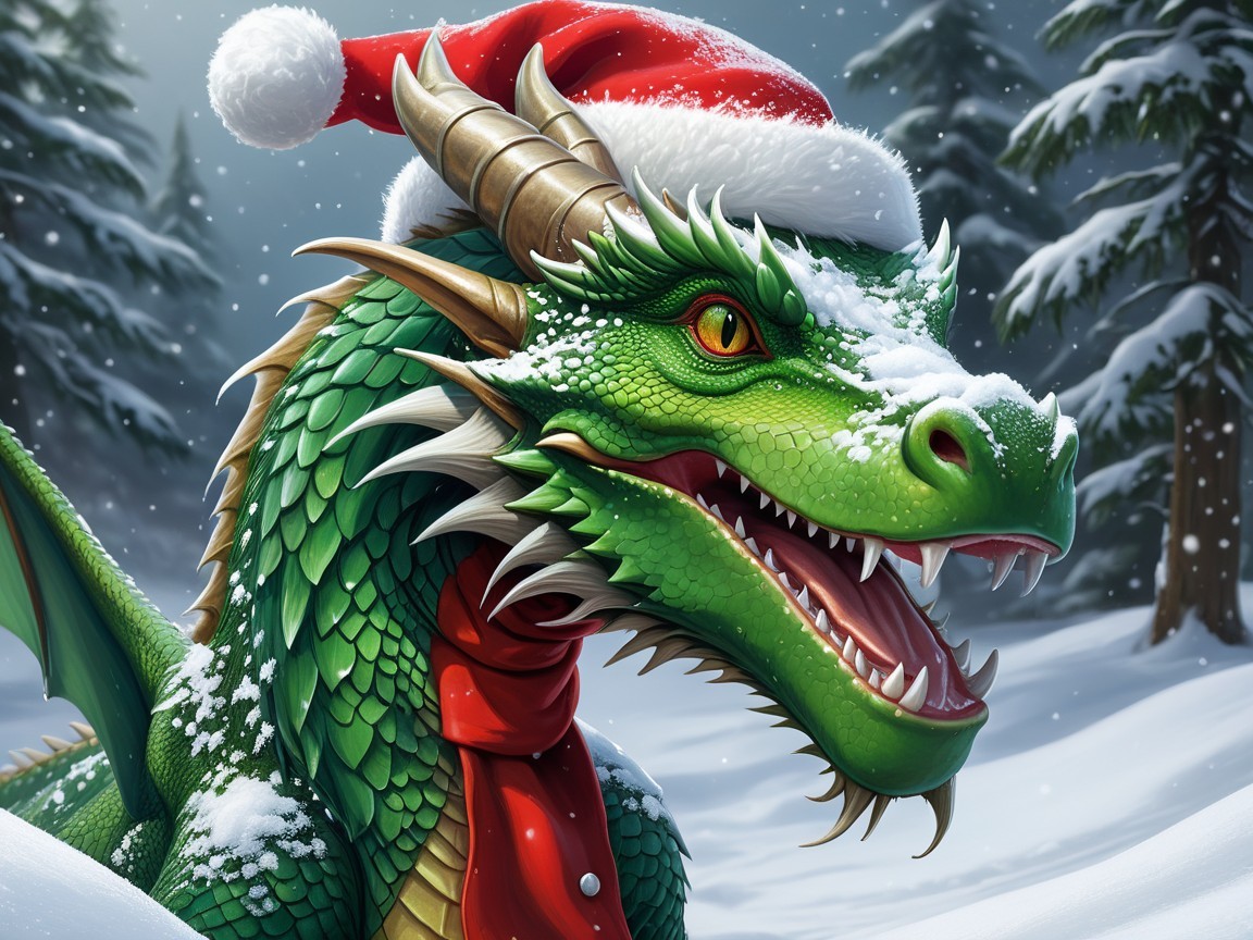 Green dragon in snow with Santa hat and scarf