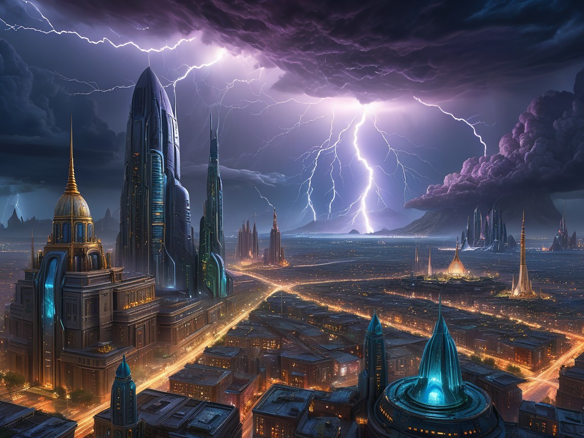 Futuristic Cityscape with Stormy Sky and Lightning