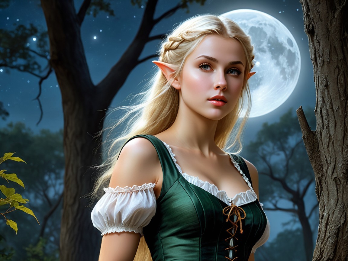 Elf in a Moonlit Forest with Elegant Green Dress