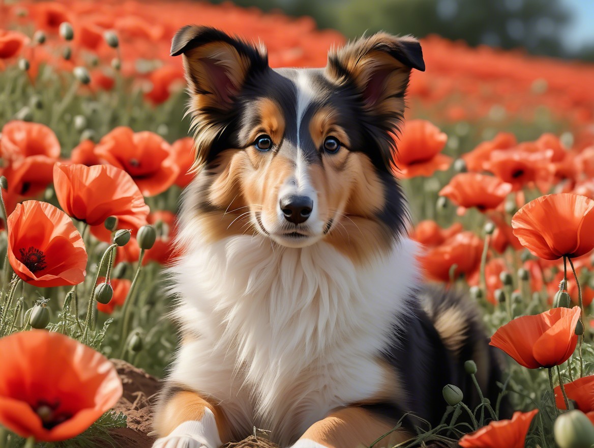 Tri-Colored Collie Among Red Poppy Flowers in Sunlight