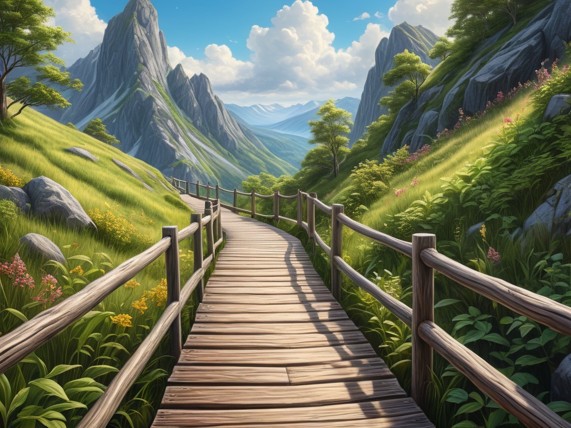 Serene Landscape with Winding Pathway and Mountains