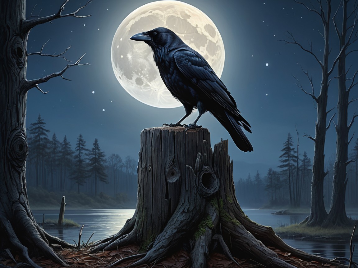 Raven on Stump Under Full Moon and Starry Sky