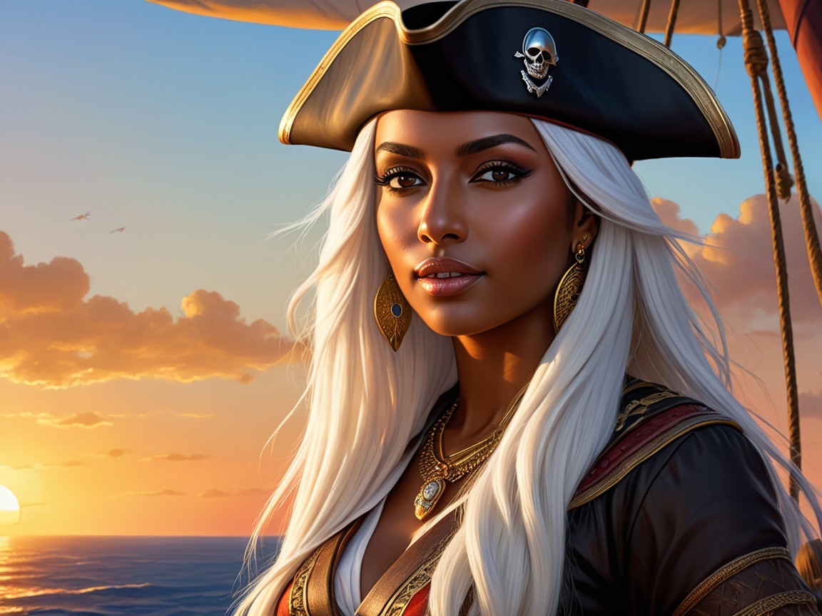 Pirate Captain on Ship at Vibrant Sunset