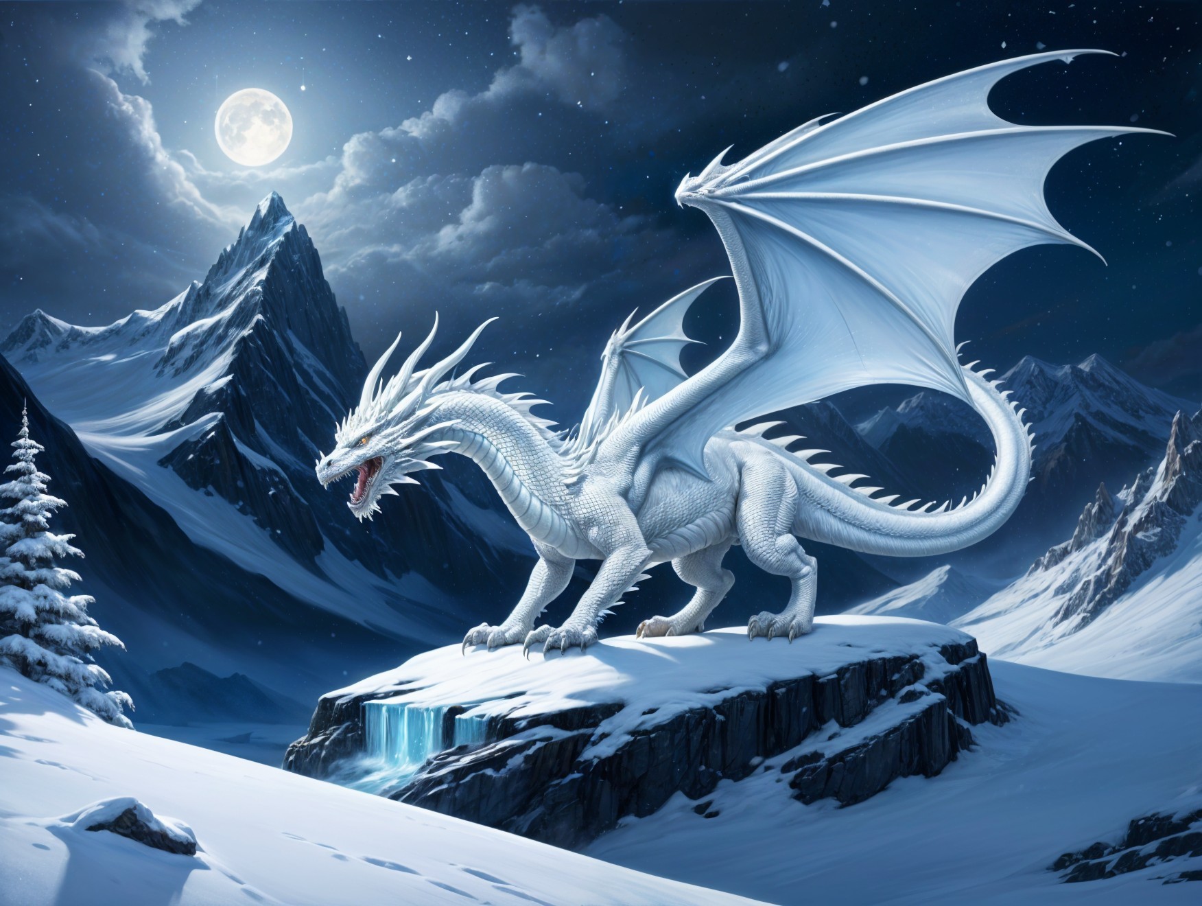 Majestic white dragon in a winter landscape scene