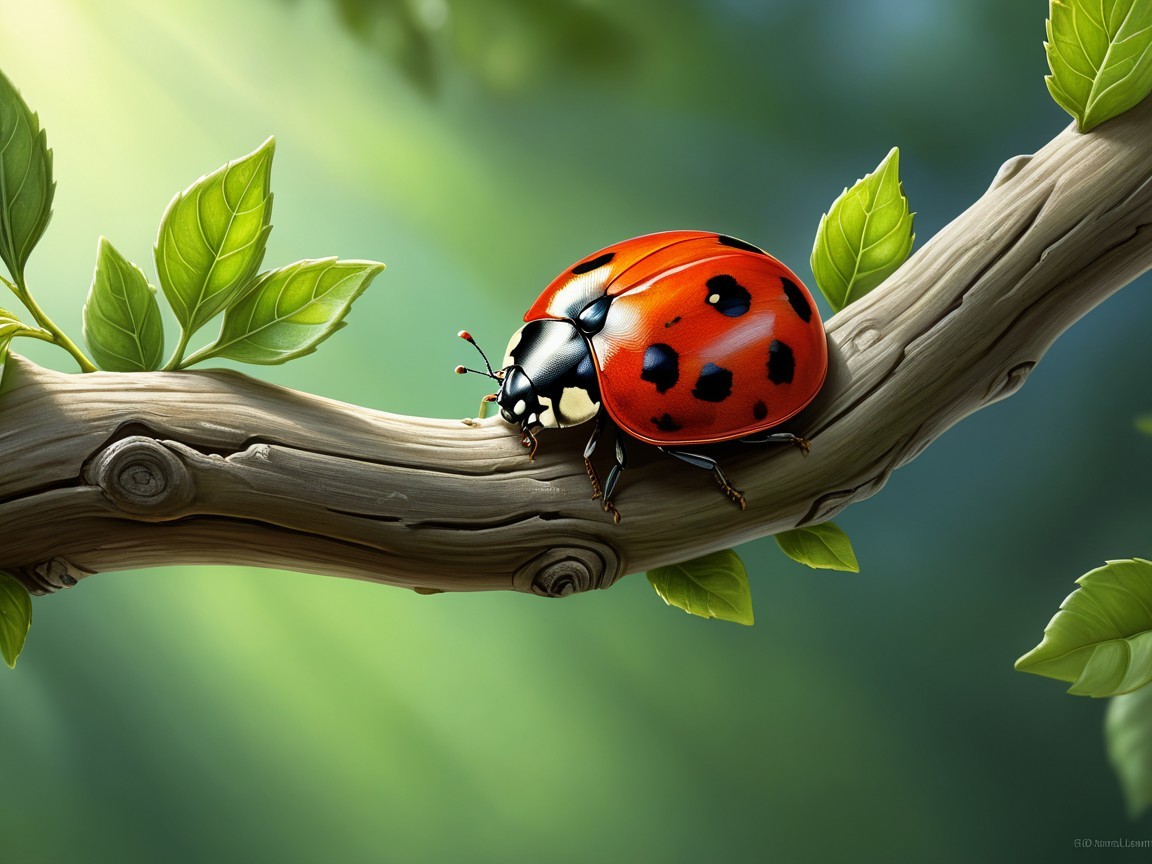 Vibrant Ladybug on Textured Branch with Green Leaves