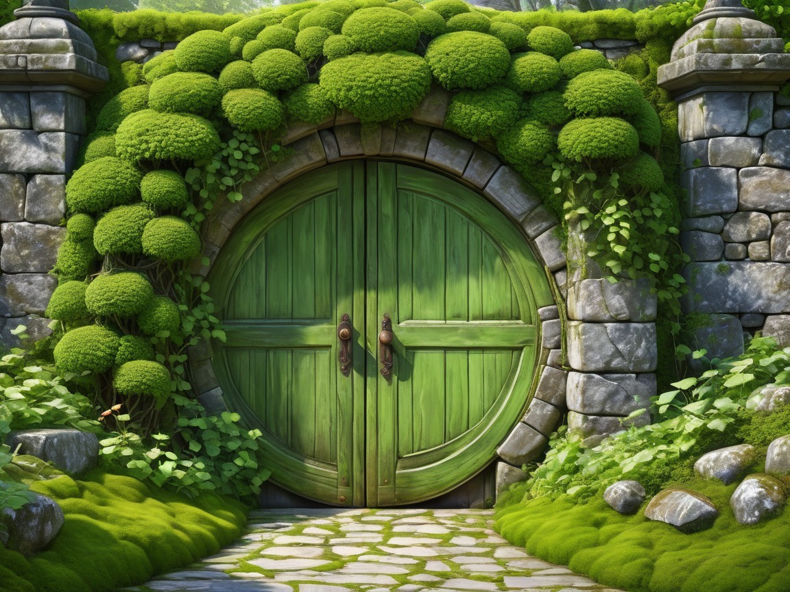 Charming Round Green Door in Lush Landscape Setting