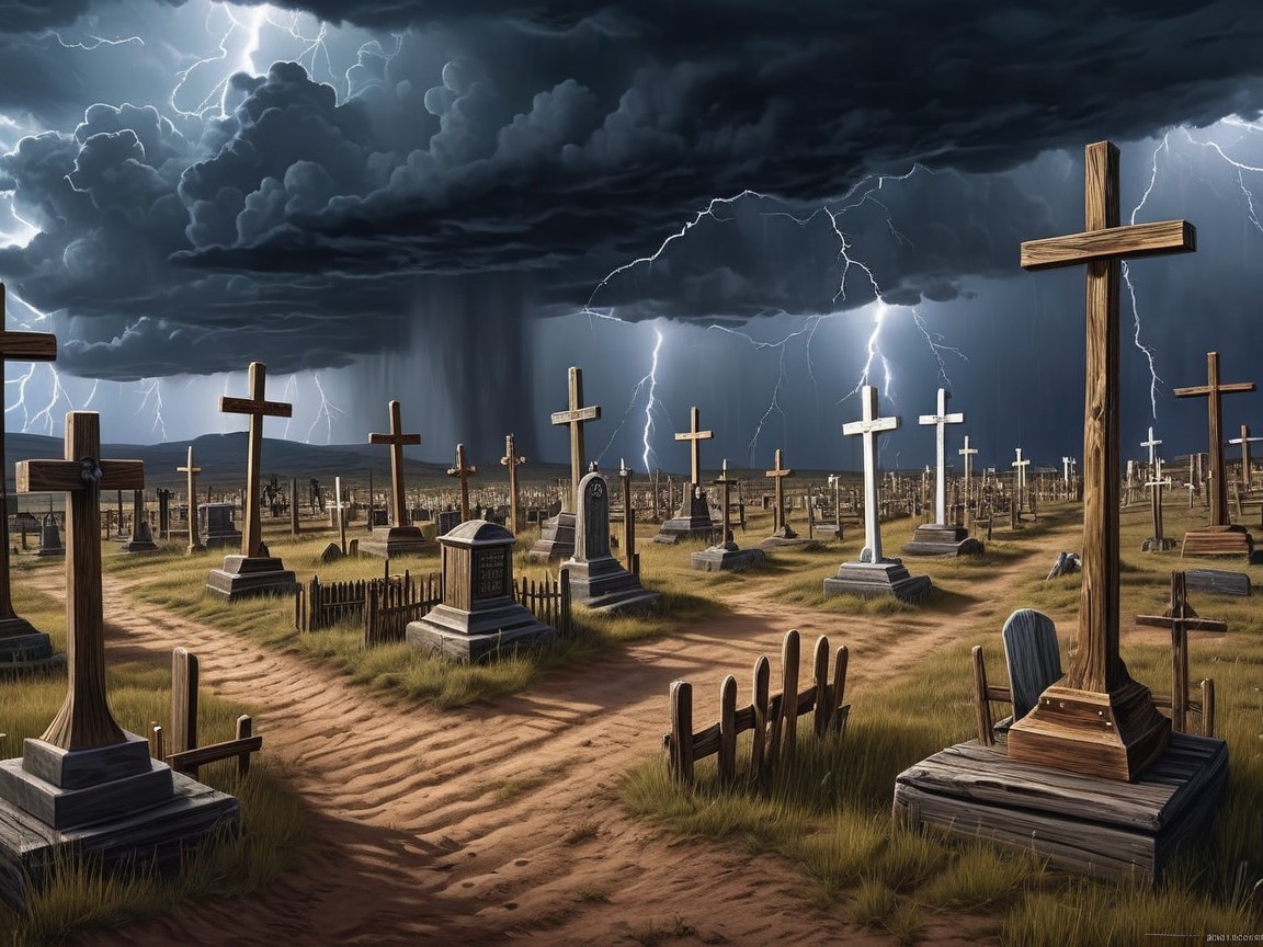 Graveyard Scene Under Stormy Skies and Lightning