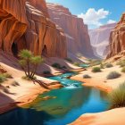 Desert Canyon Landscape with River and Red Rock Formations