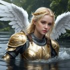 Anime-style girl with wings in water and armor