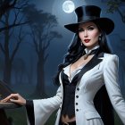 Moonlit Forest Scene with Elegant Woman and Candlelight