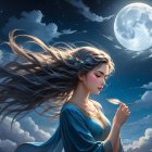 Ethereal Woman with Feather Under Full Moonlight