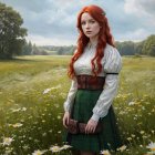 Young Woman in Meadow with Daisies and Tartan Skirt