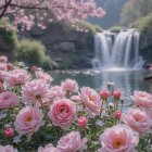 Serene Landscape with Waterfall and Pink Water Lilies