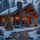 Log Cabin in Snowy Landscape with Christmas Lights