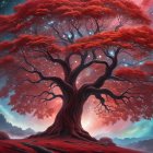 Majestic tree with red leaves in cosmic landscape