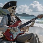 Pirate Skeleton Playing Guitar on a Beach Scene