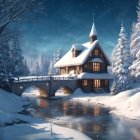 Snow-Covered House by Serene River in Winter Landscape