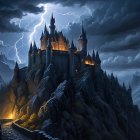 Castle on a Cliff Under Stormy Sky with Lightning