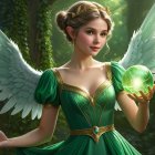 Fairy in Green Gown with Glowing Orb in Forest