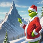 Grinch in Santa Suit on Snowy Mountain Peak
