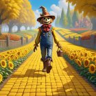 Cheerful scarecrow on yellow brick road with sunflowers