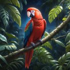Scarlet Macaw in Tropical Rainforest Under Moonlight