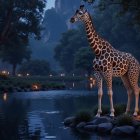 Night-time Savanna Scene with Giraffe and Moonlight