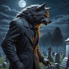 Menacing Werewolf in Moonlit Graveyard Scene
