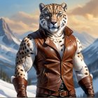 Muscular Leopard Character in Snowy Mountain Landscape
