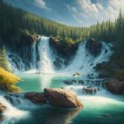 Majestic Waterfalls and Tranquil Turquoise Lake Landscape