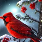 Cardinal on Snowy Pine Branch with Red Berries