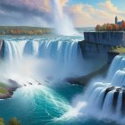 Majestic Waterfalls Surrounded by Lush Greenery and Foliage
