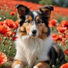 Tri-Colored Collie Among Red Poppy Flowers in Sunlight