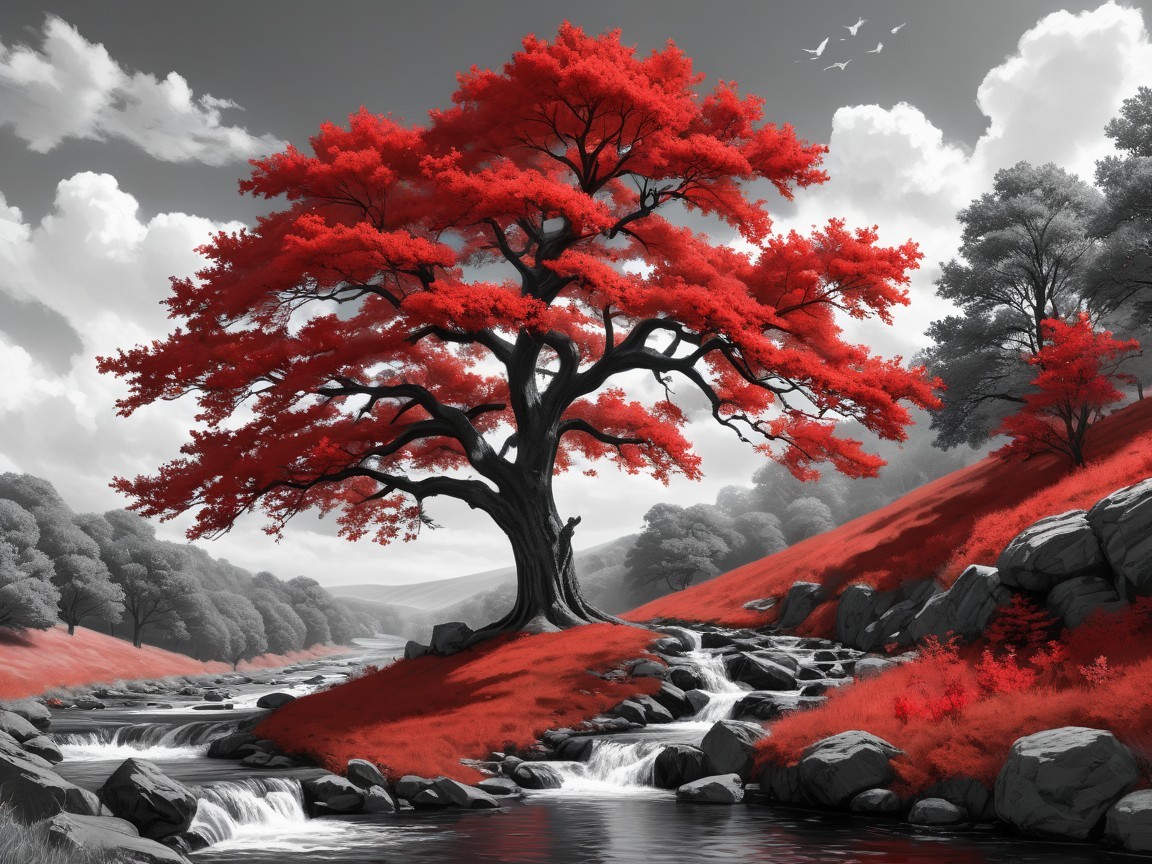 Vibrant Red Tree in Black-and-White Landscape Scene