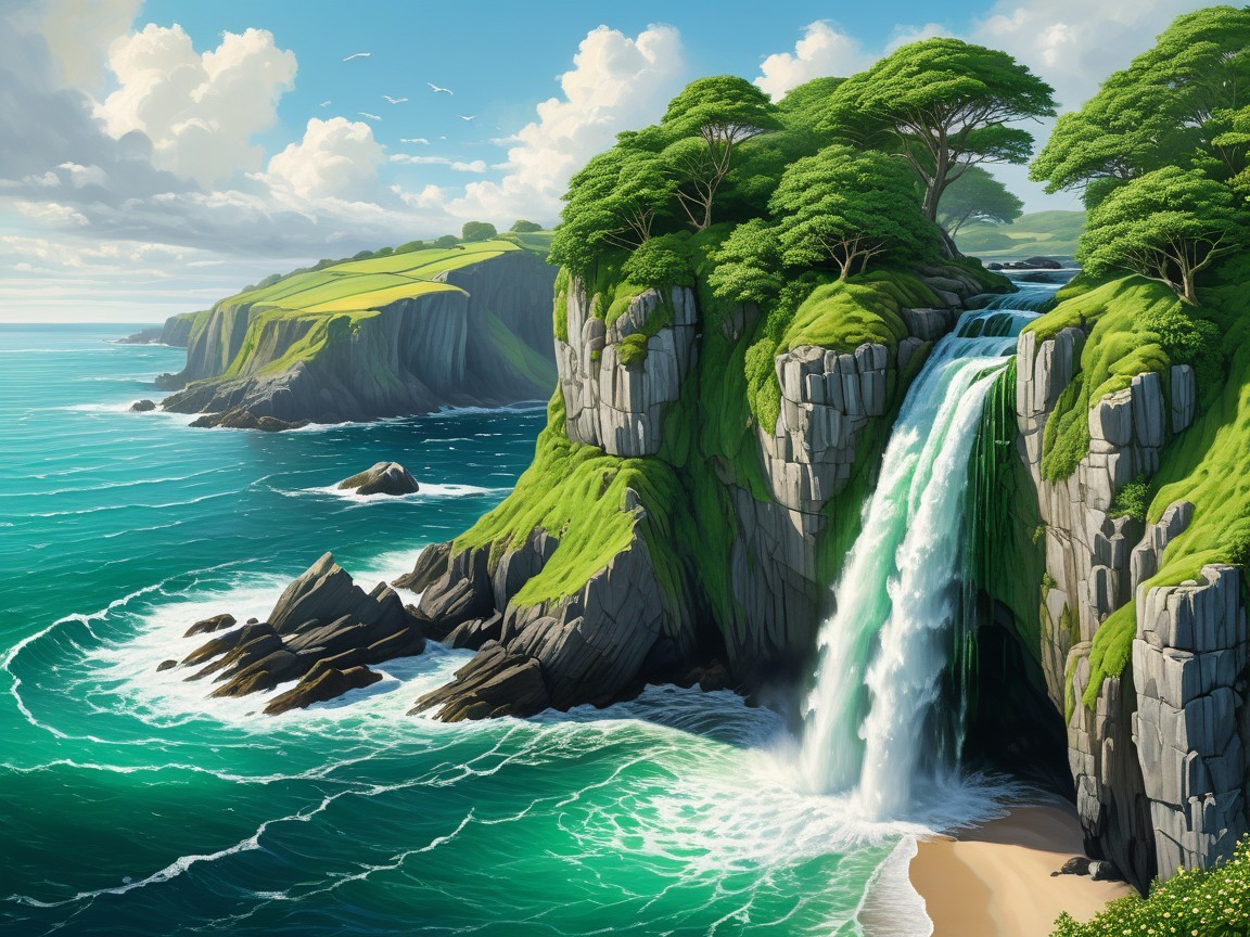 Coastal Landscape with Waterfall and Turquoise Sea