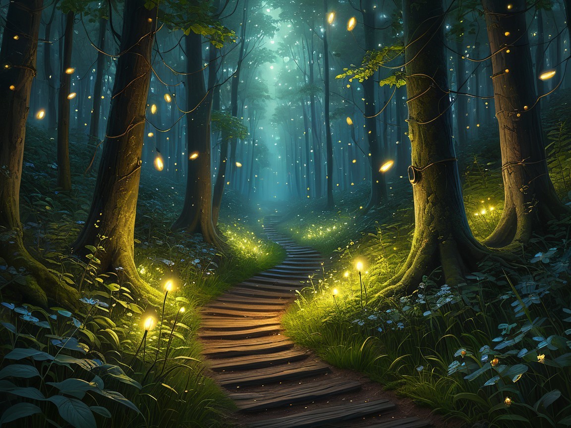 Serene Forest Path with Ethereal Lights and Greenery