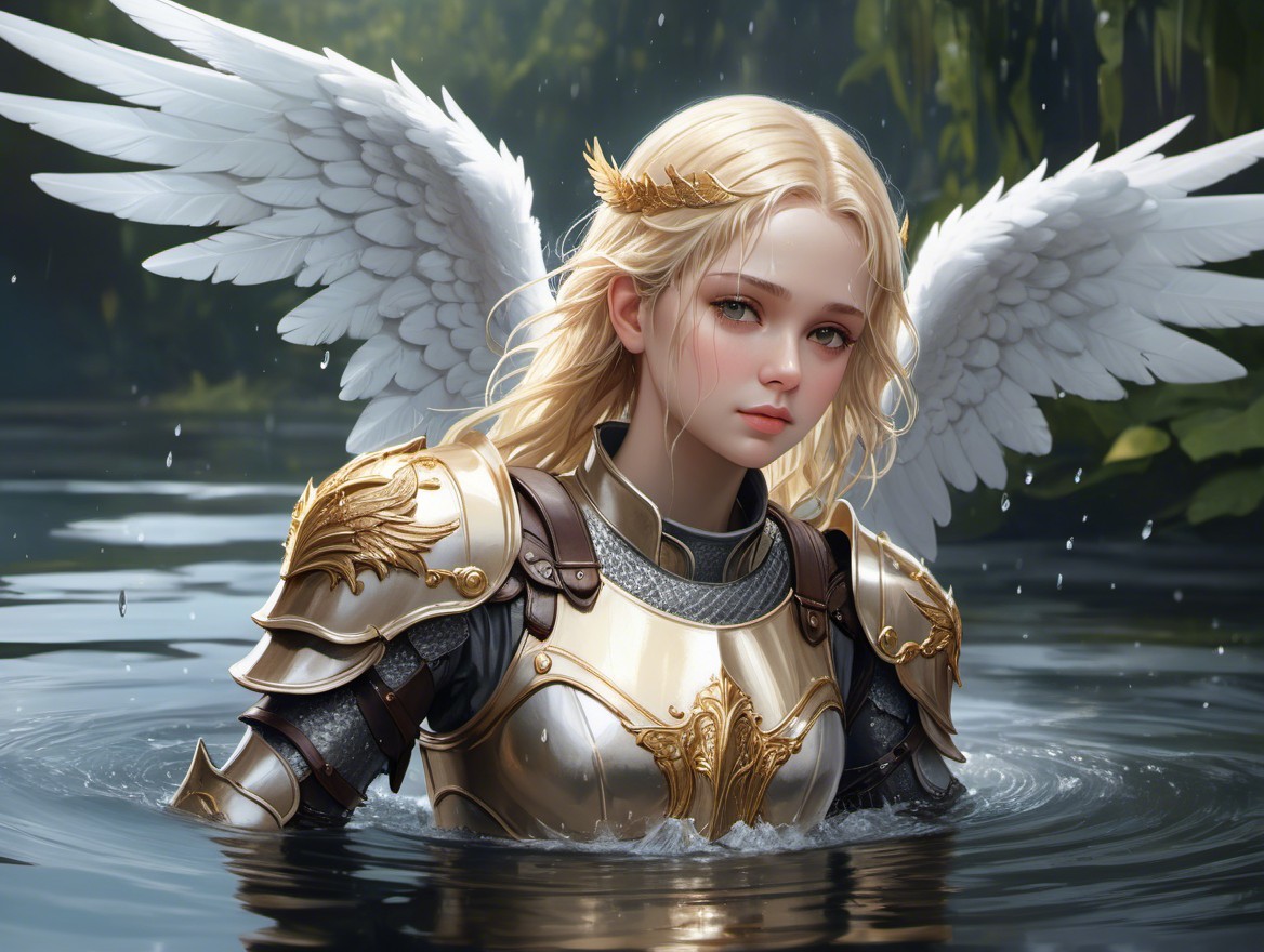 Anime-style girl with wings in water and armor