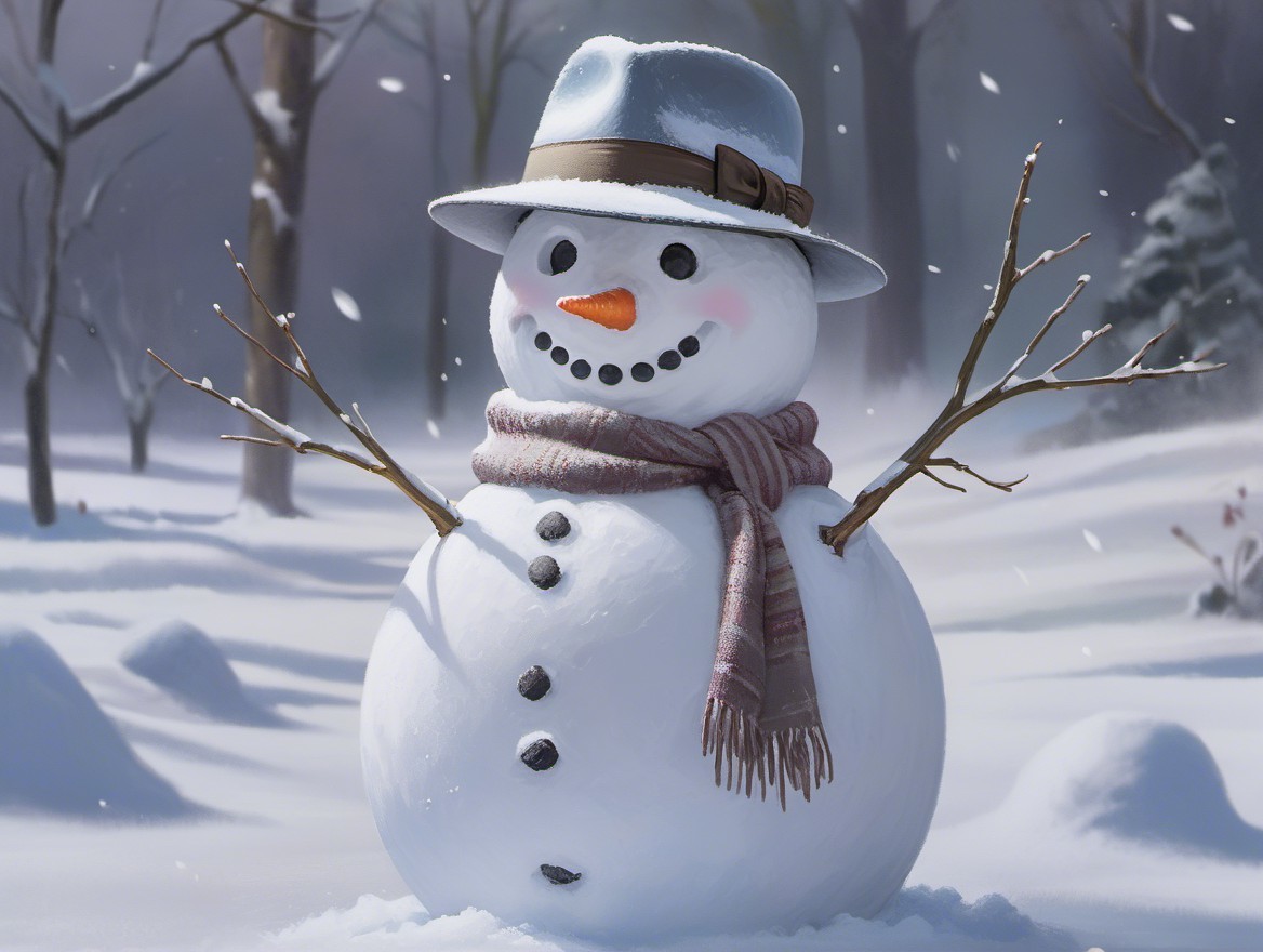 Cheerful snowman in serene winter landscape setting