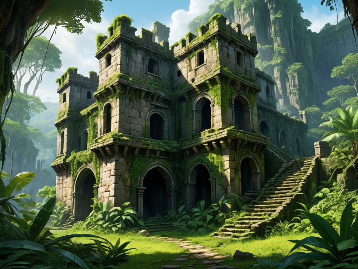 Ancient Stone Castle Surrounded by Dense Jungle Greenery