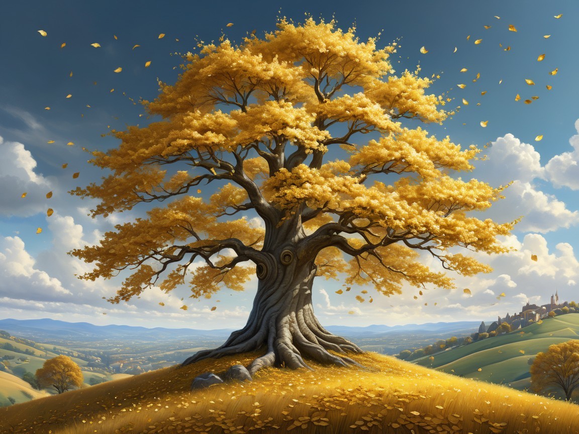 Majestic tree with golden leaves on rolling hill