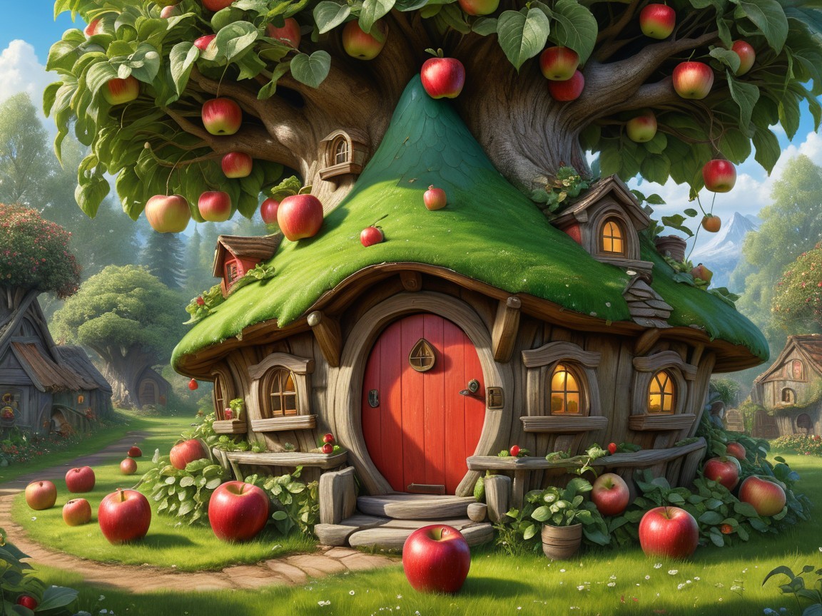 Whimsical Cottage Under a Tree with Red Apples