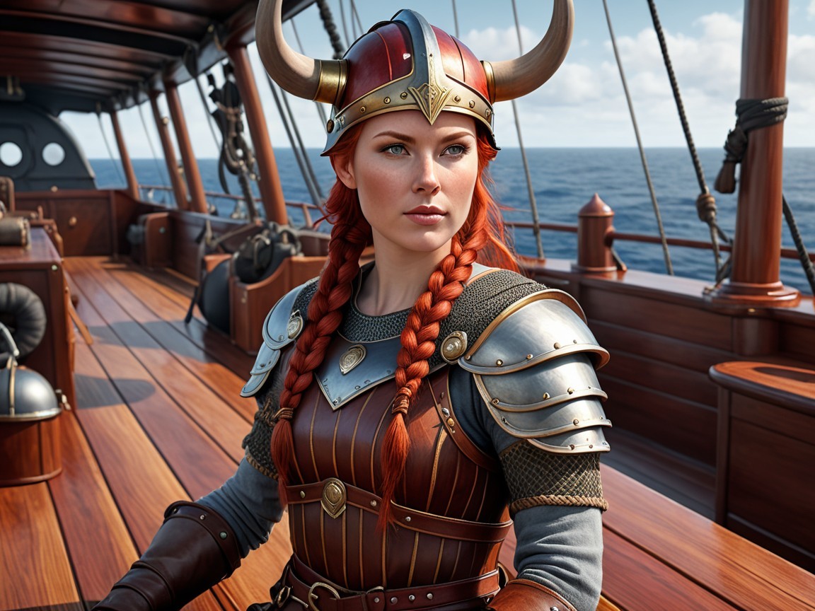 Warrior Woman on Ship Deck with Viking Aesthetic