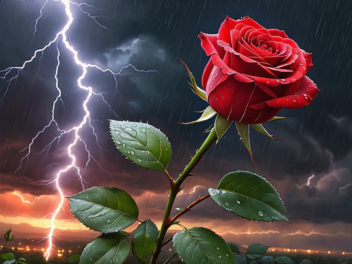 Red Rose Amidst Dark Clouds and Heavy Rain