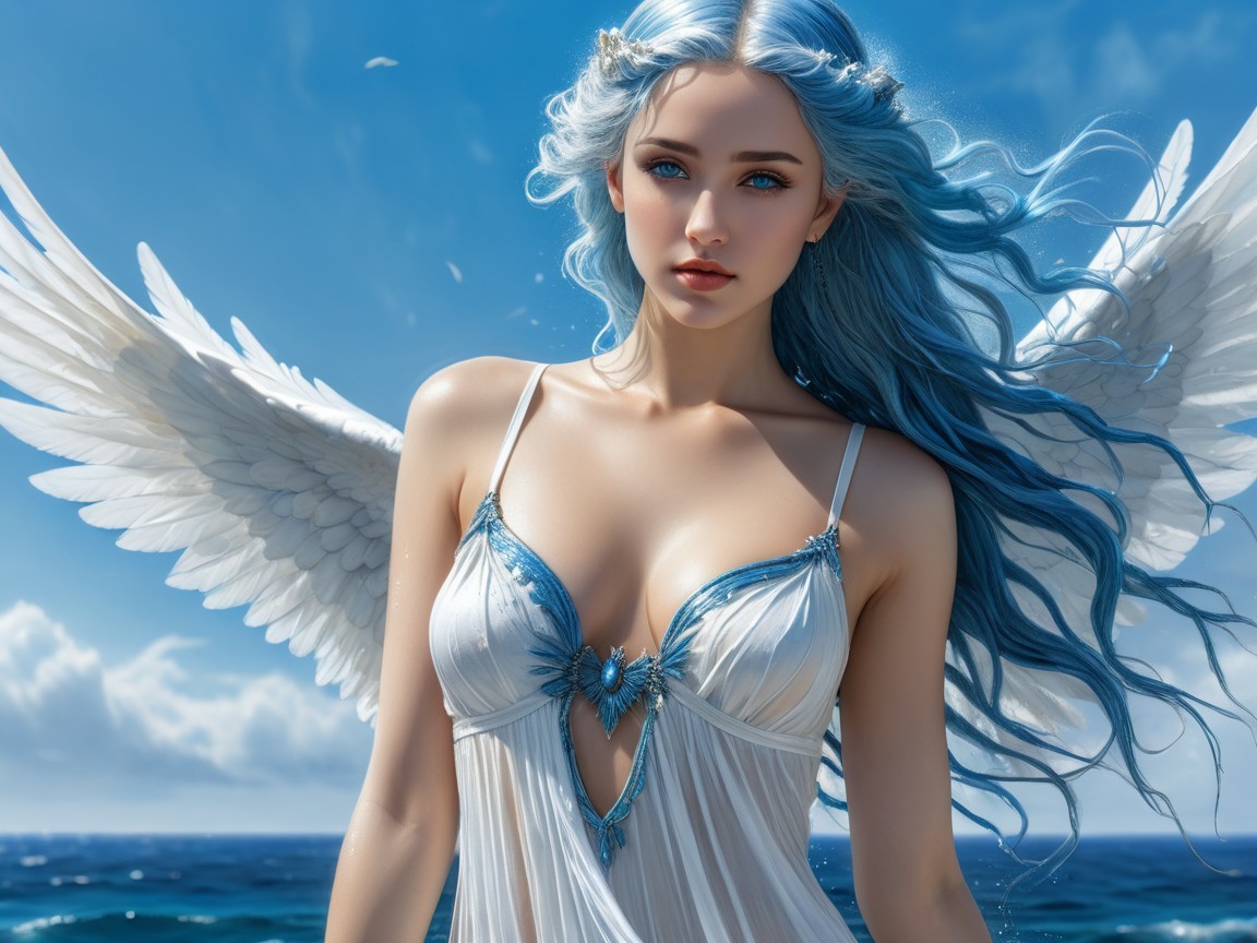 Angelic Figure by the Ocean with Blue Hair and Wings