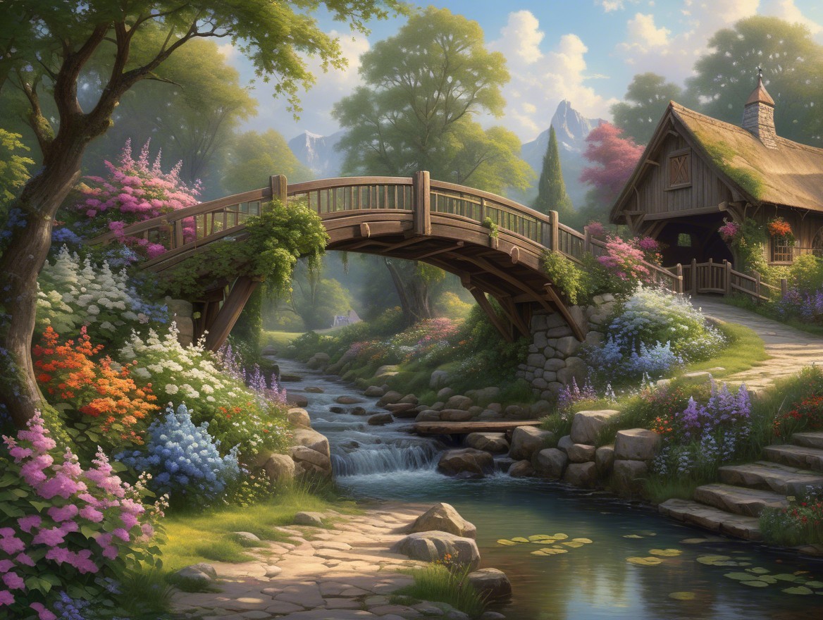 Charming Wooden Bridge Over Serene Stream Landscape