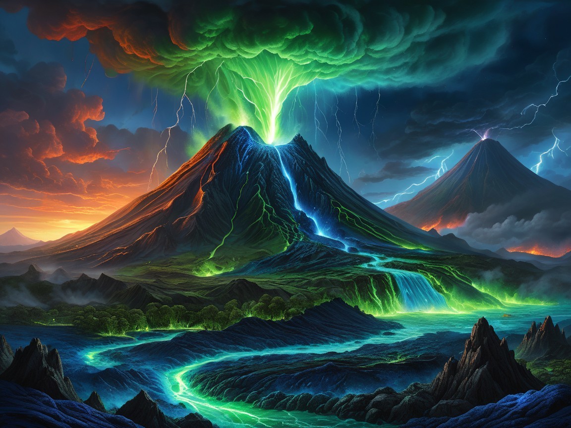 Dramatic Volcano Landscape with Flowing Lava and River