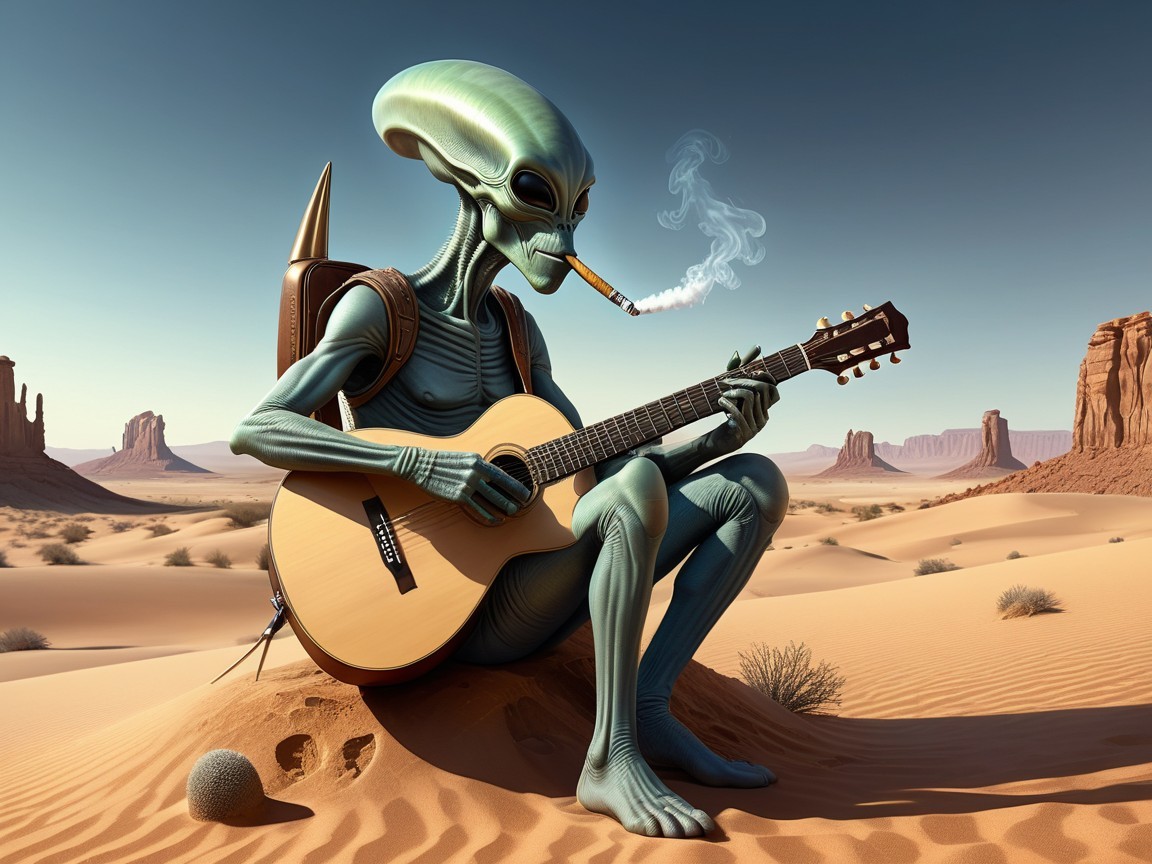 Extraterrestrial Being with Guitar in Desert Landscape