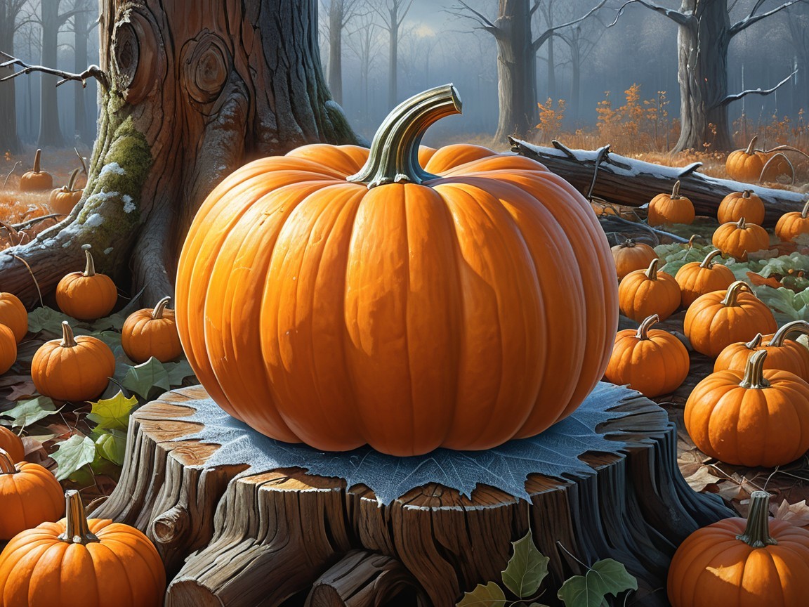 Vibrant Pumpkin on Tree Stump in Misty Forest