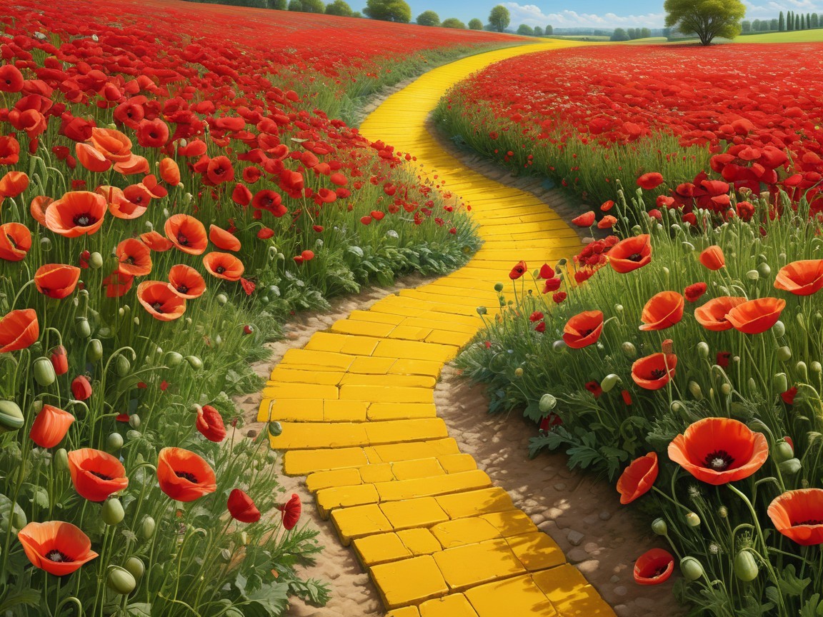 Winding Yellow Brick Road Through Red Poppy Field