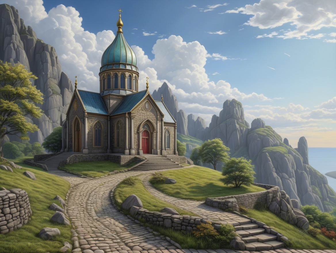 Church with Blue Dome on Hill Surrounded by Mountains